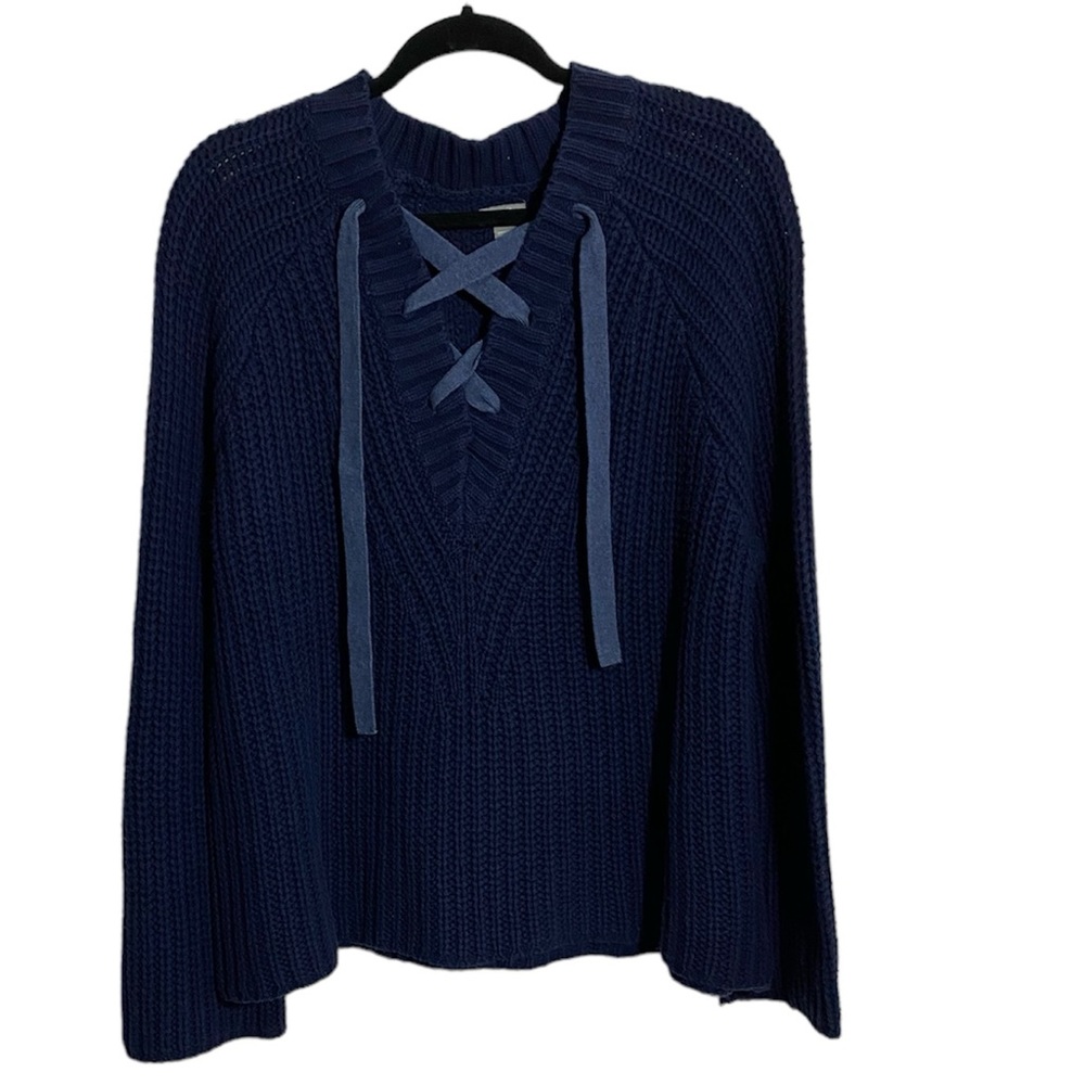 Aerie sweater open knit V neck drawstring navy blue size XL